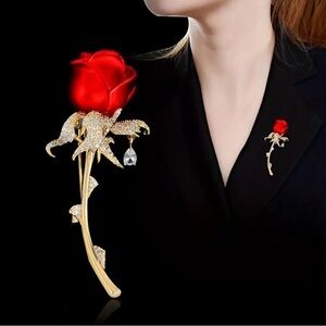 Elegant Red Rose Brooch with Gold Stem.
